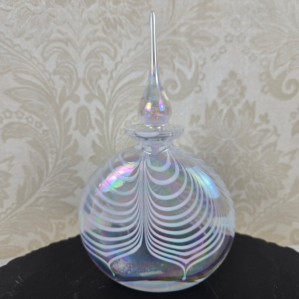 Vintage Iridescent Glass Perfume Bottle with Stopper Feather Design